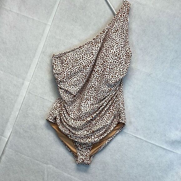J. CREW One Piece Swimsuit XXL Brown White Animal Print Ruched One Shoulder - Picture 2 of 13
